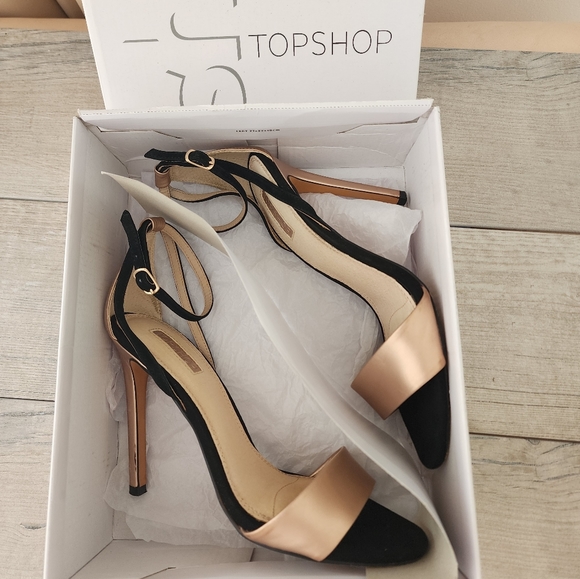 Topshop  Womens Raphael Black & Rose  Metallic Strappy Open Toe Sandals size 8.5 - Picture 4 of 11